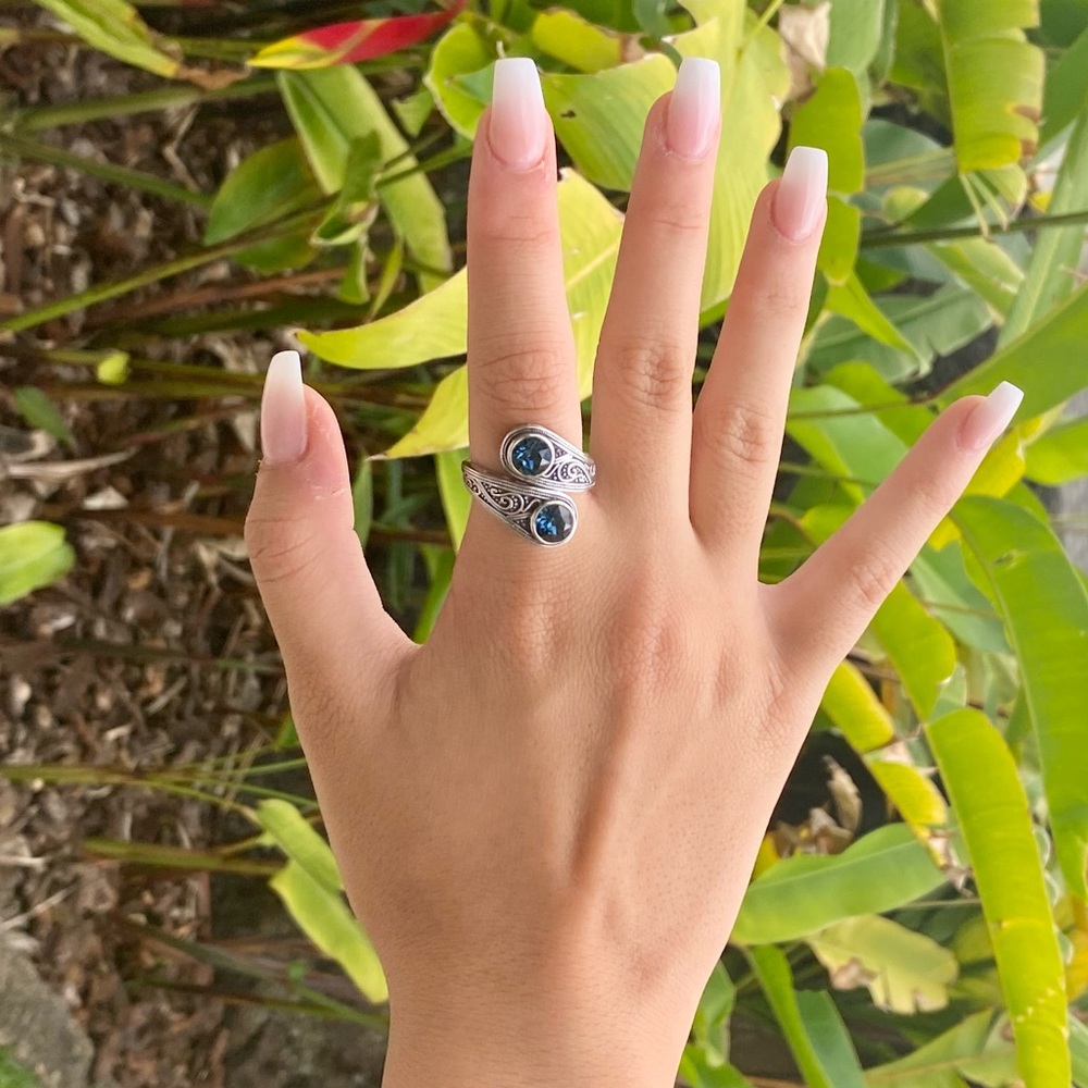 Teal Blue Stone Sterling Silver Ornate Wrap Ring